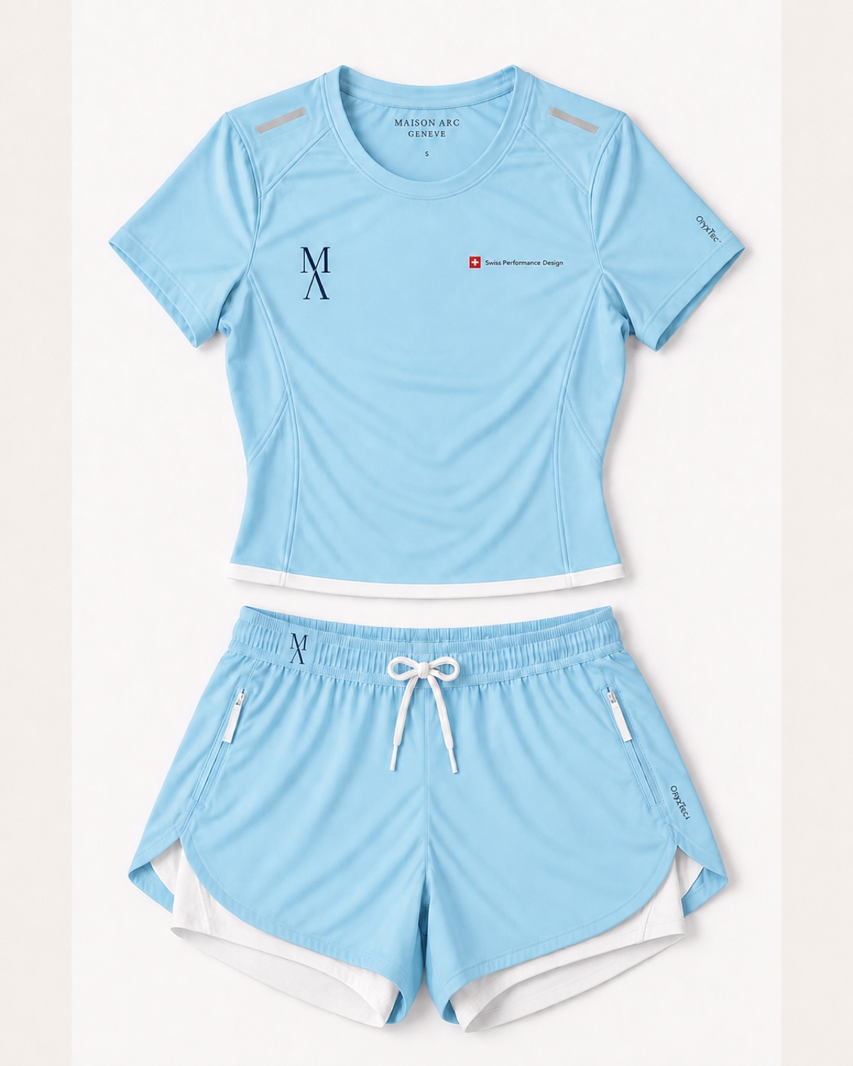 Running-Set Damen in Icy Blue / White, Vorderansicht – Designvisualisierung
