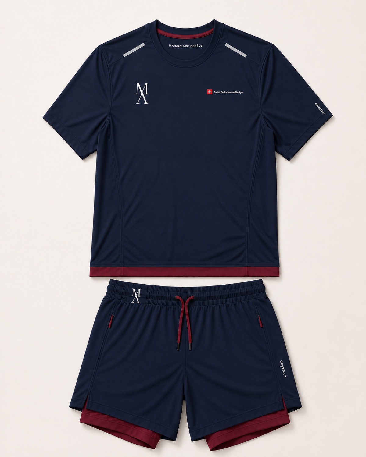 Running-Entwurf für Herren in Navy / Bordeaux mit Oberteil und zweilagiger Shorts