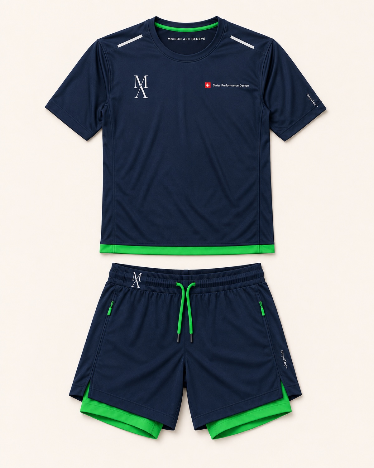 Running-Set Herren in Navy / Green Flash, Vorderansicht – Designvisualisierung