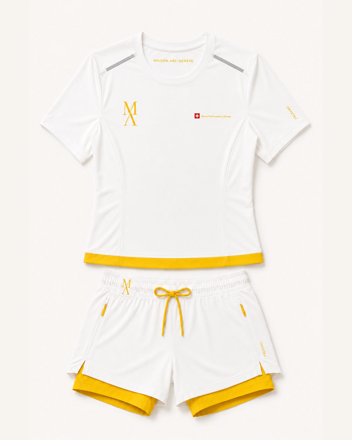 Running-Set Damen in White / Sunny Yellow, Vorderansicht – Designvisualisierung